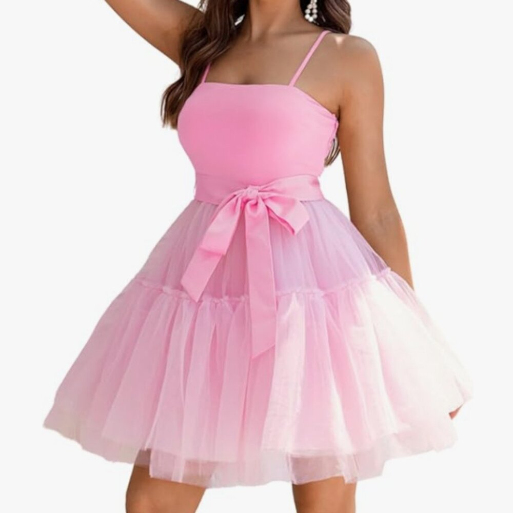 Pink Tulle Mini Dress Women's Medium Spaghetti Strap Formal Barbie Ballet Satin‎
